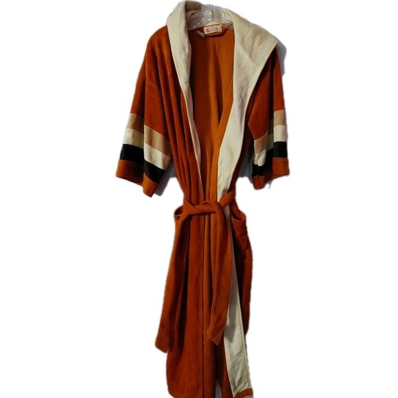 Luxarobe Robe Men Size 36 Medium Hooded Velvet Orange Pockets Belted READ - Picture 1 of 9